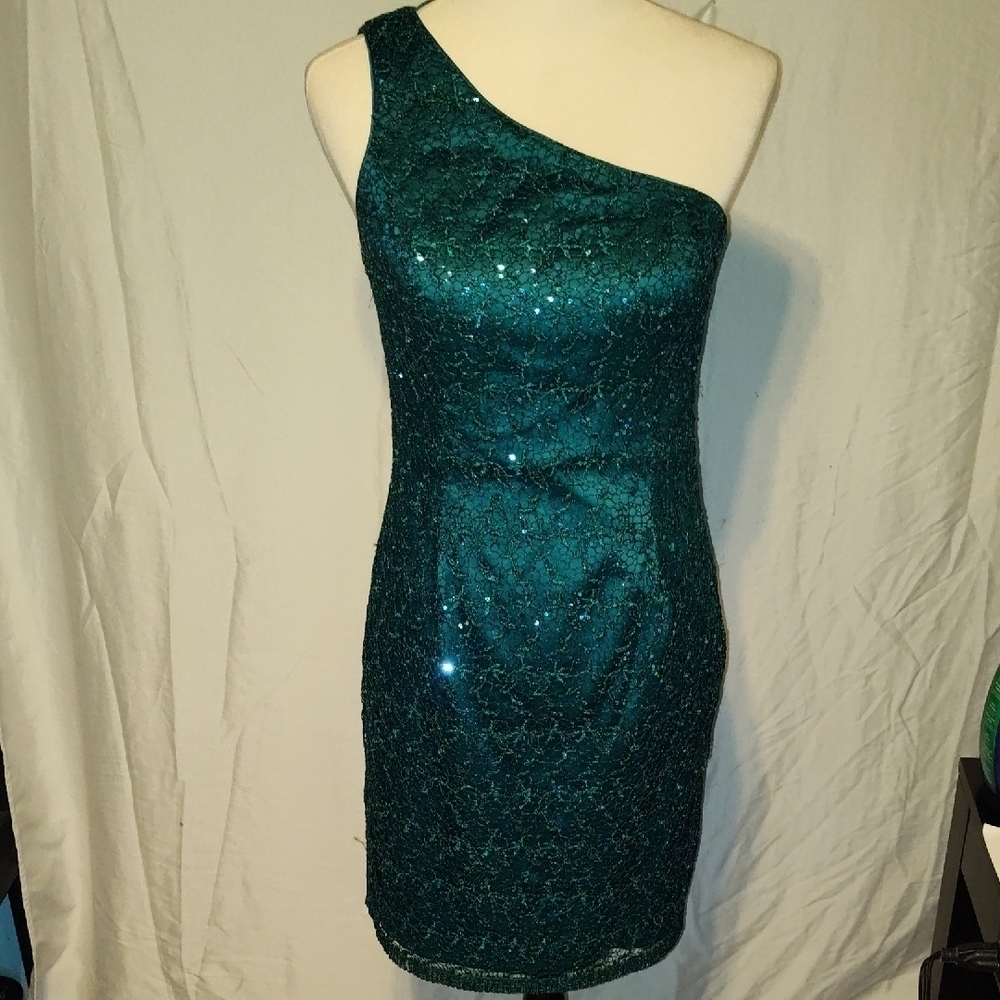 Lauren Ralph Lauren Evening 1-Shoulder Lace Glitter Dress Size 8 Green